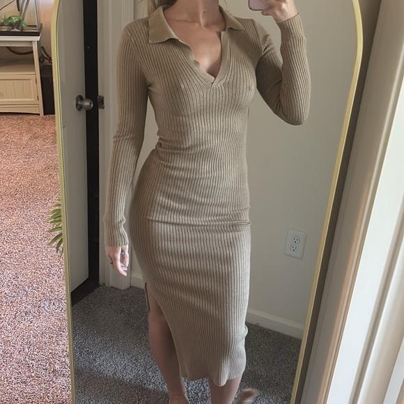 Elegant Tan Ribbed Knit Dress - Picture 1 of 4